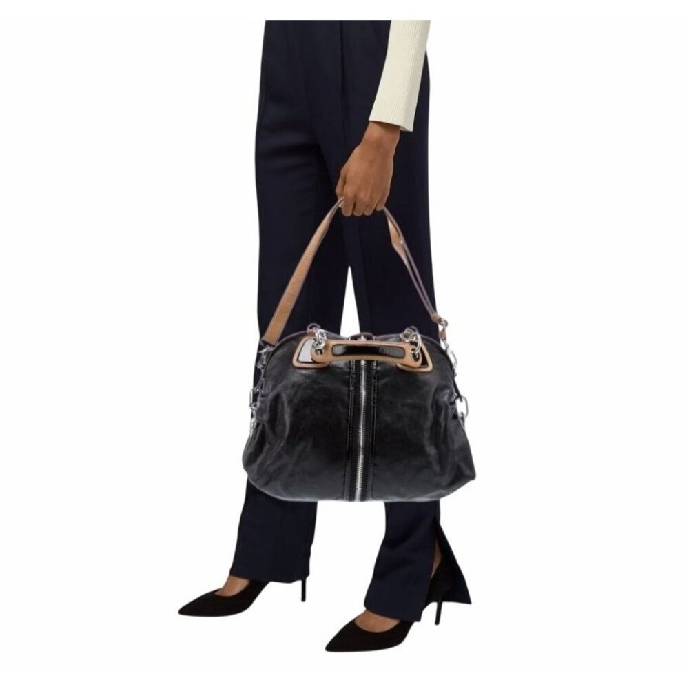 ⭐Cynthia Rowley Shoulder Bag Bicolor Black Tan Leather Zippers Heavy Hardware⭐
